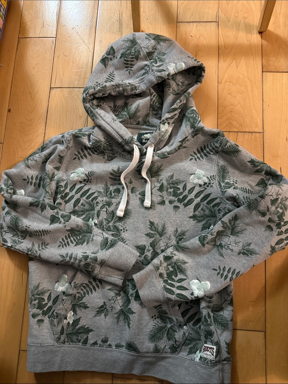 Roots Gray Crewneck Hoodie with Green Botanical Print